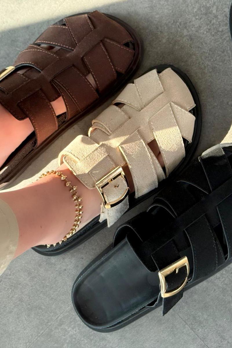 Polra Süet Bej Düz Kadın Terlik - ILOVESHOES