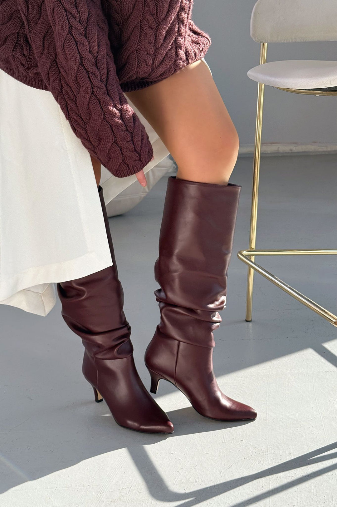 Sollet Bordo Mat Deri Kadın Çizme - ILOVESHOES