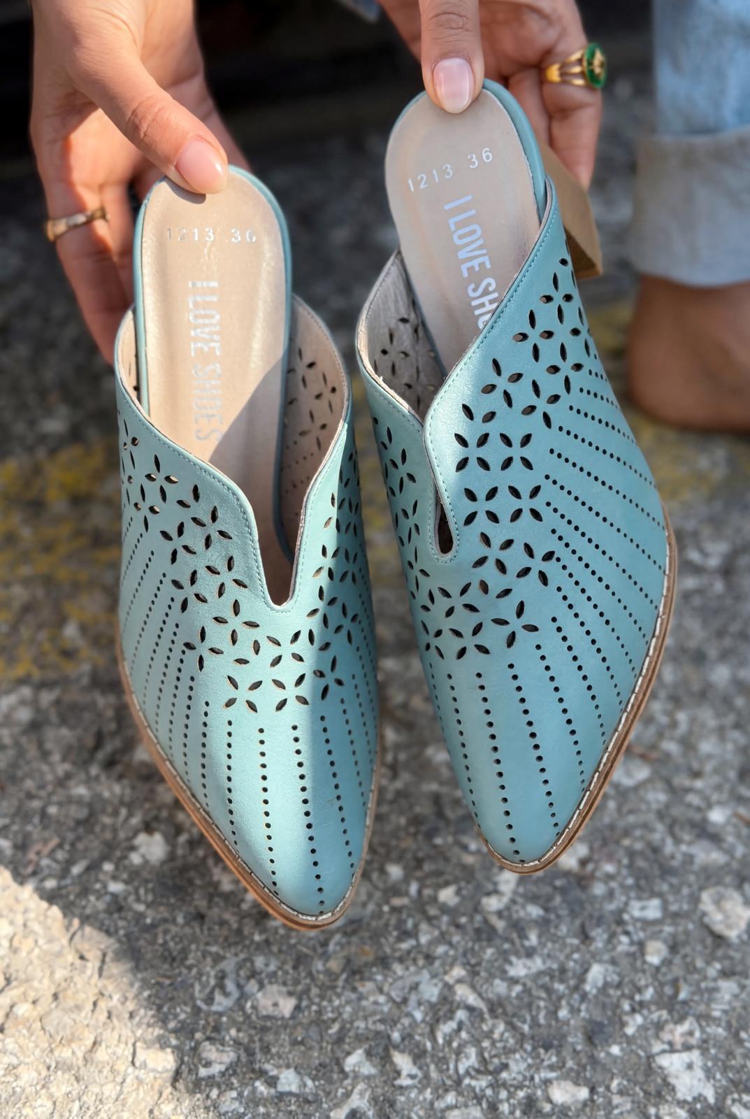 Noravina Hakiki Deri Topuklu Terlik Mavi - ILOVESHOES