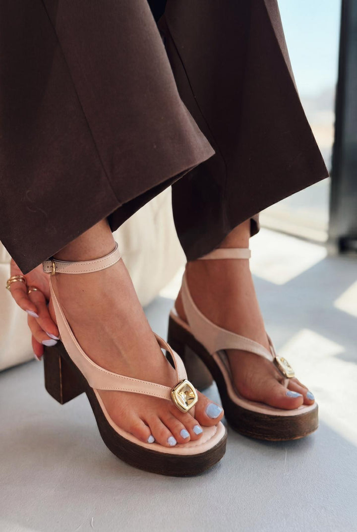 Solric Bej Mat Deri Kadın Platform Topuklu Sandalet - ILOVESHOES