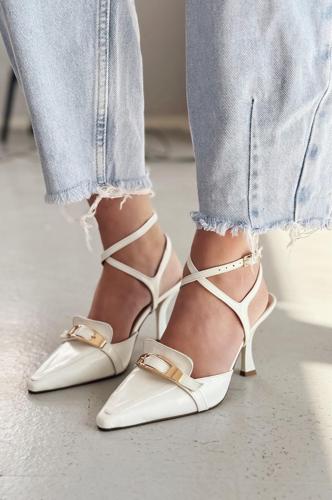 Vorno Parlak Deri Toka Detaylı Beyaz Stiletto - ILOVESHOES