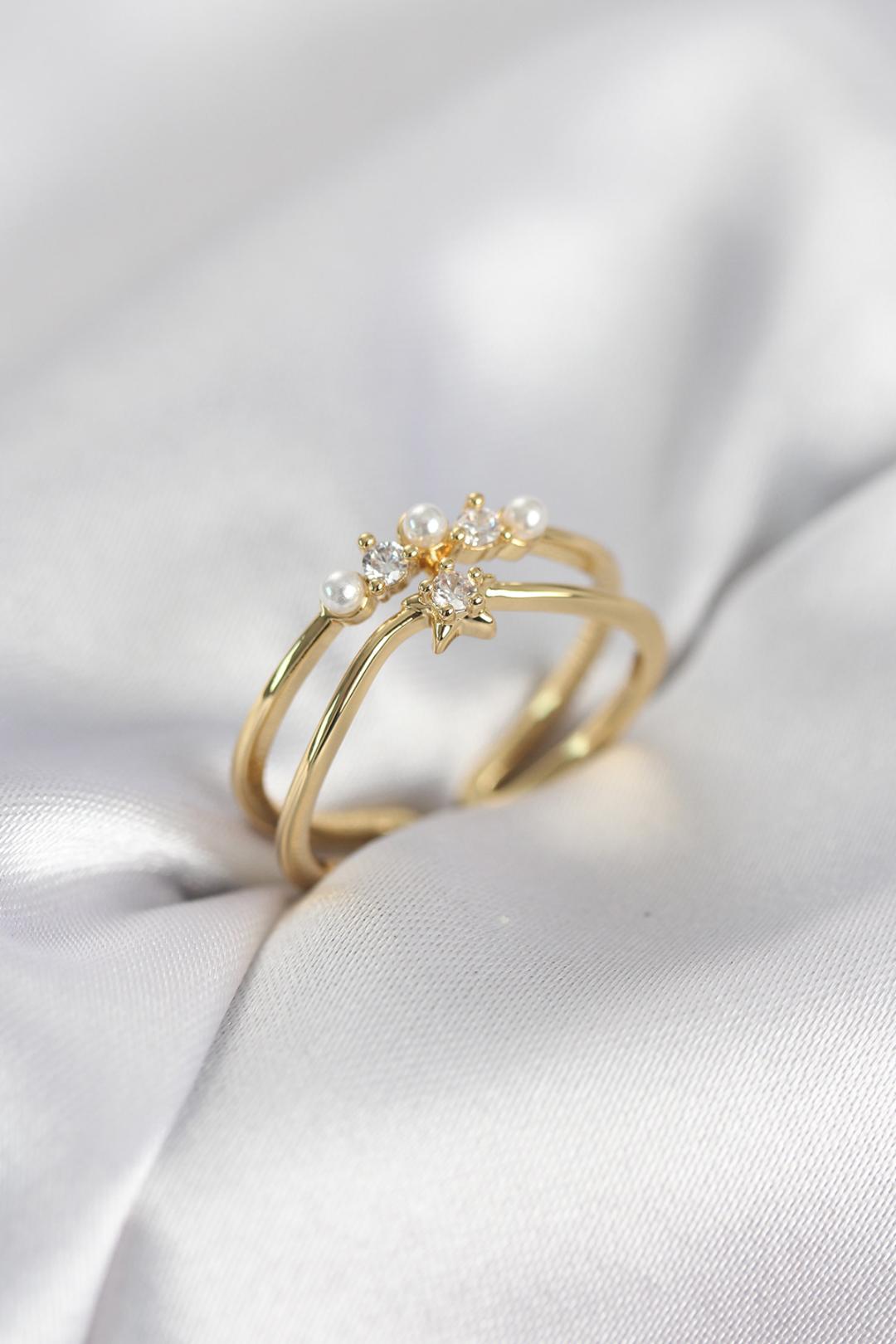 ILS - 1118 Kadın Yüzük Gold Pirinç İncili Yıldız Model Zirkon Taşlı - ILOVESHOES