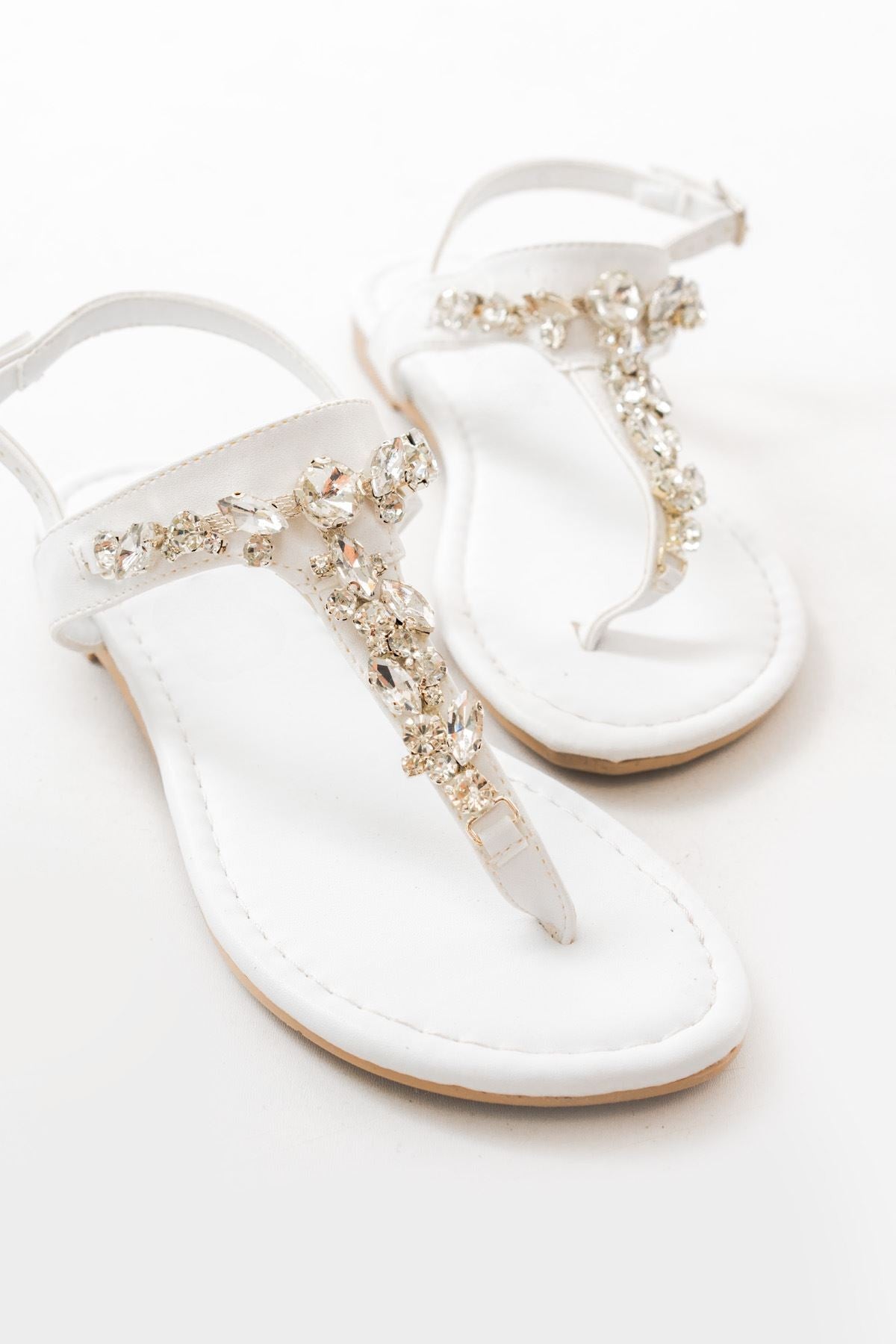 Selvion Mat Deri Beyaz Beyaz Taşlı Parmak Arası Kadın Sandalet - ILOVESHOES