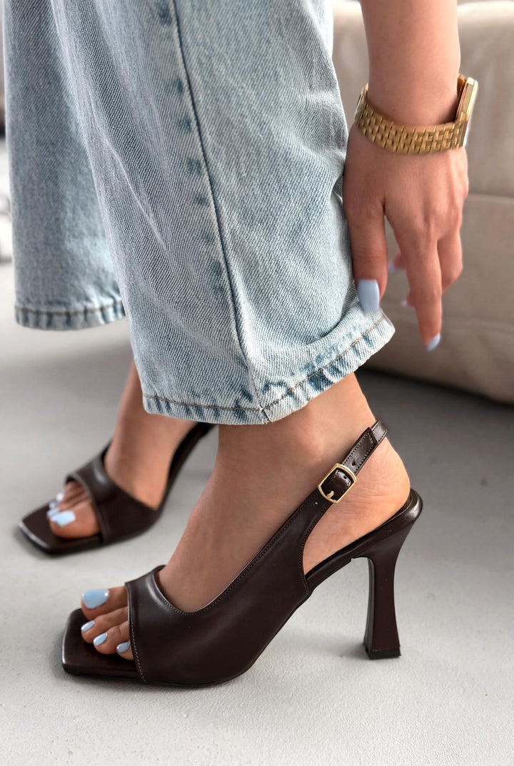 Solvion Acıkahve Mat Deri Kadın Topuklu Sandalet - ILOVESHOES
