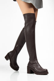 Solivra Acıkahve Streç Günlük Kalın Topuklu Kadın Çizme - ILOVESHOES