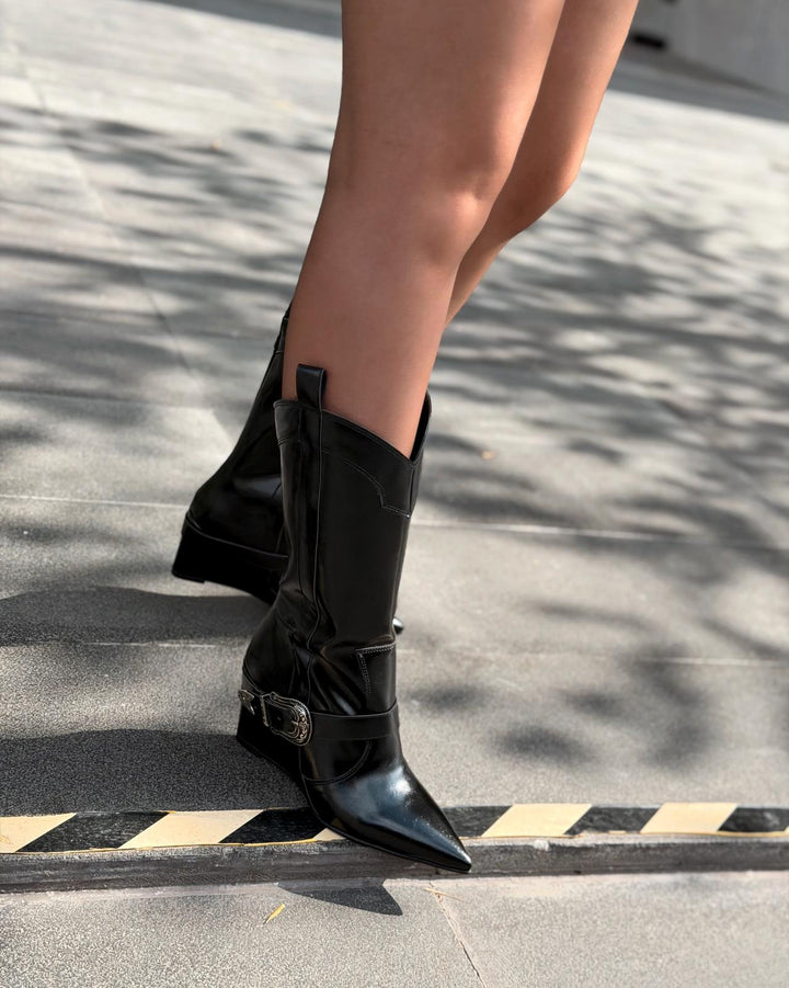 Bonvir Kadın Kovboy Çizme Siyah Parlak Deri - ILOVESHOES
