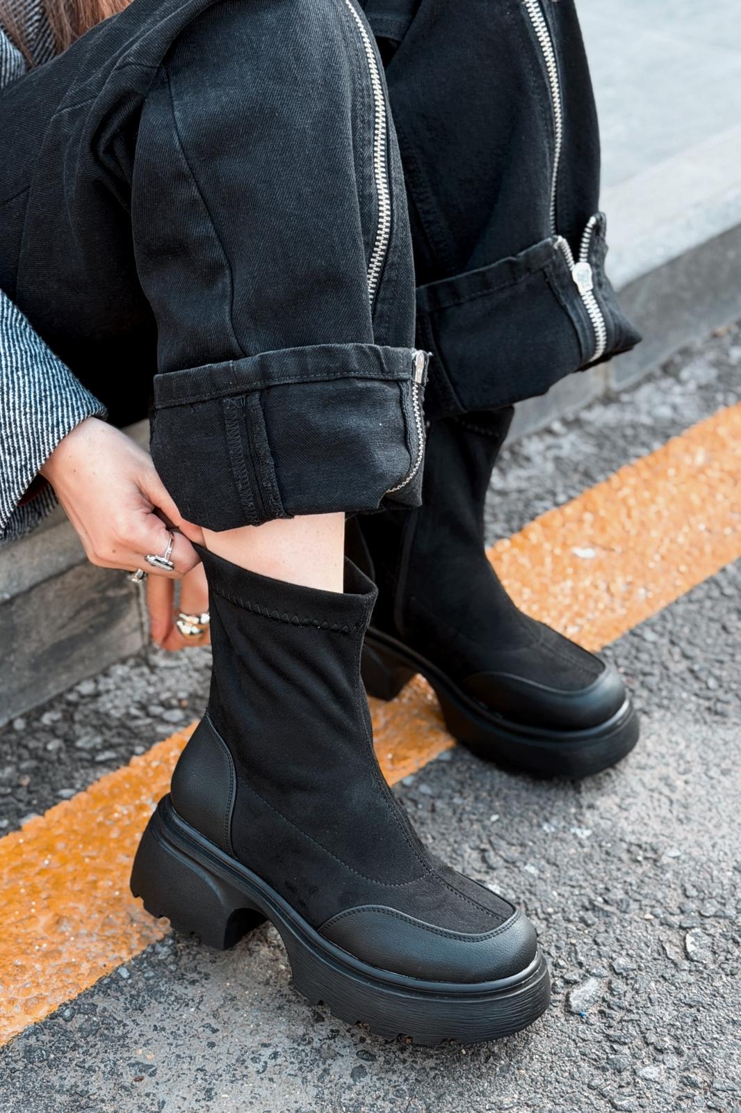 Gariel Kadın Kalın Taban Bot Siyah Süet - ILOVESHOES