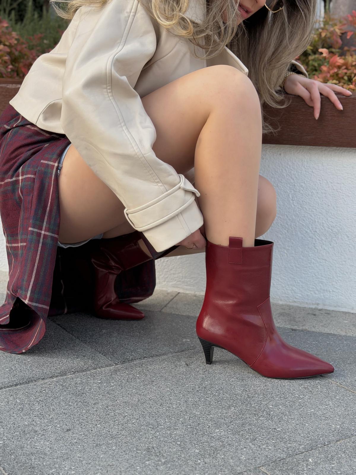 Lavino Kadın Topuklu Bot Bordo Kırışık Rugan - ILOVESHOES