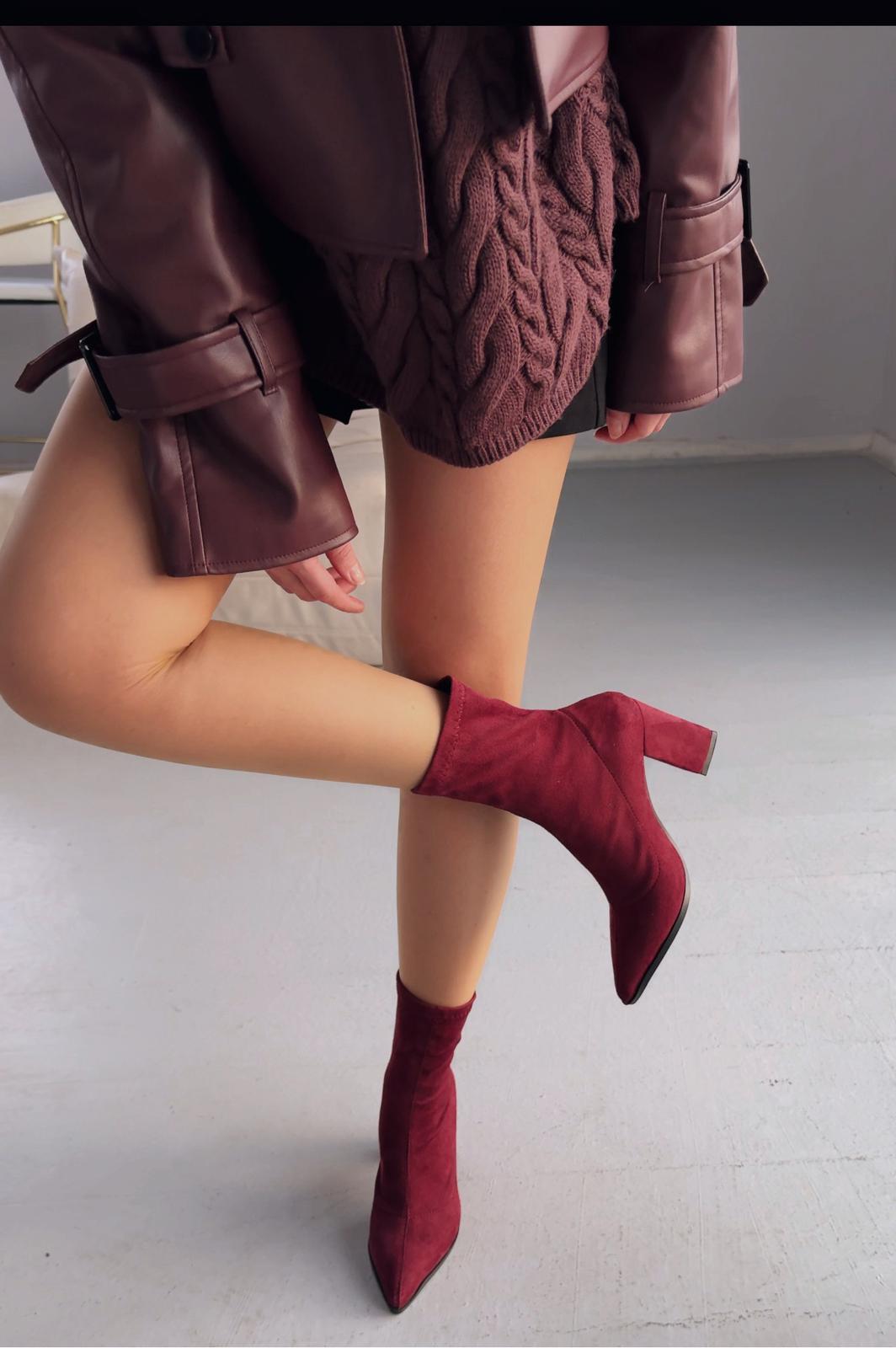 Ardews Süet Topuklu Çorap Bot Bordo - ILOVESHOES