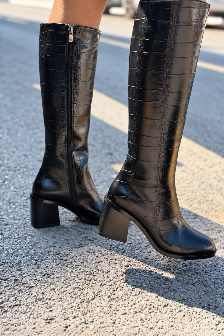 Novera Siyah Kroko Mat Deri Kadın Çizme - ILOVESHOES