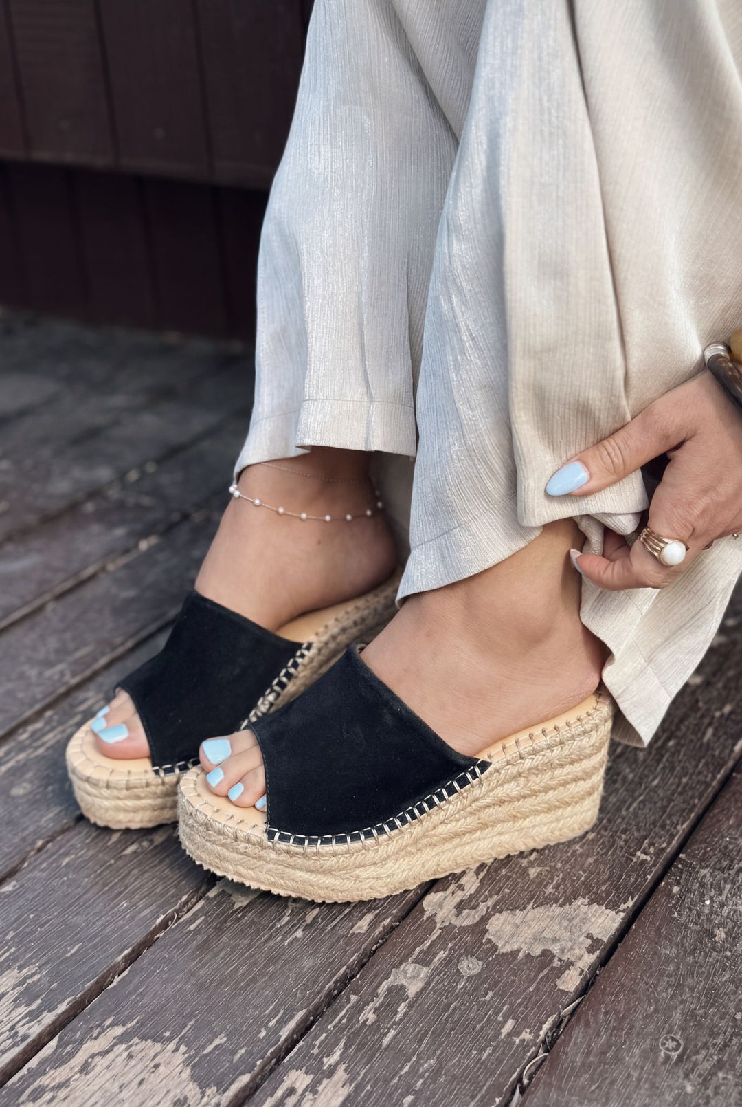 Lorver Siyah Hakiki Süet Kadın Dolgu Topuklu Terlik - ILOVESHOES