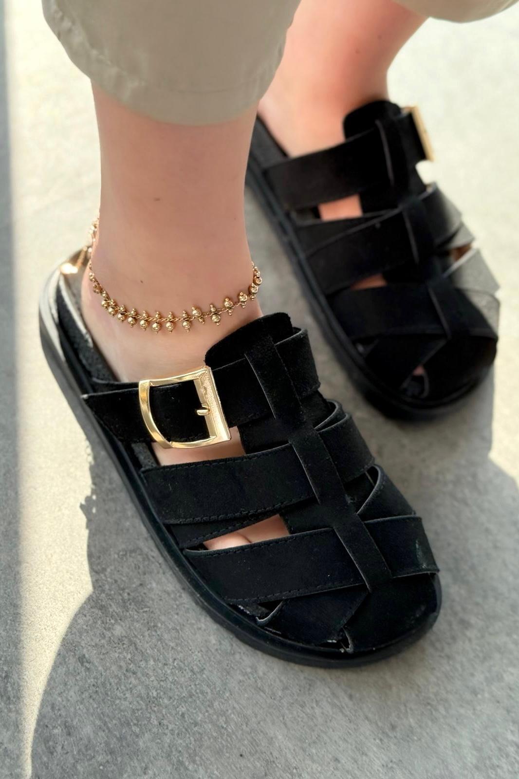 Polra Süet Siyah Düz Kadın Terlik - ILOVESHOES