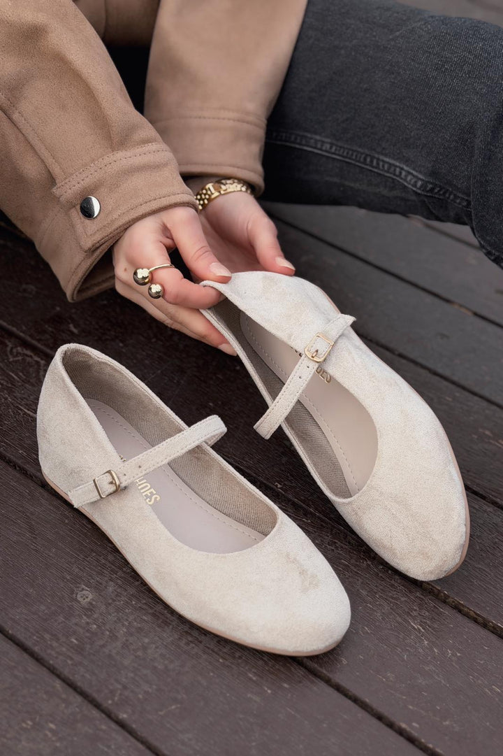 Tenris Kadın Babet Bej Süet Dolgu Topuklu - ILOVESHOES