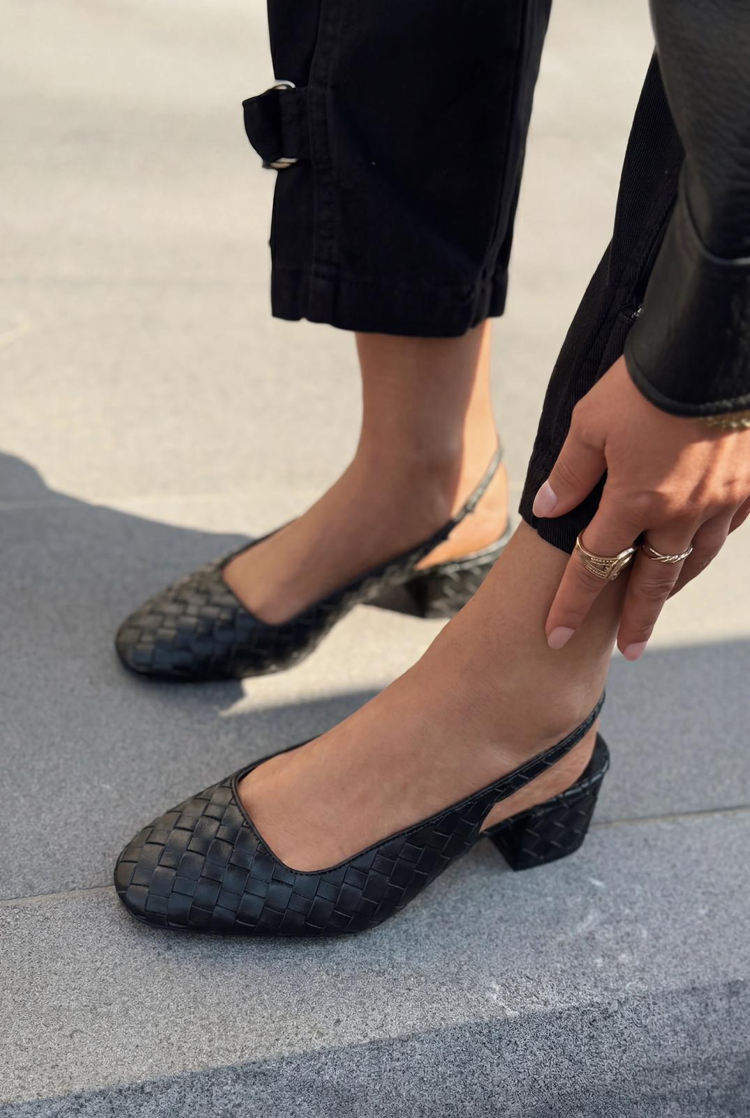 Solen Mary jane Topuklu Ayakkabı Siyah Mat Deri Örgü Detaylı - ILOVESHOES