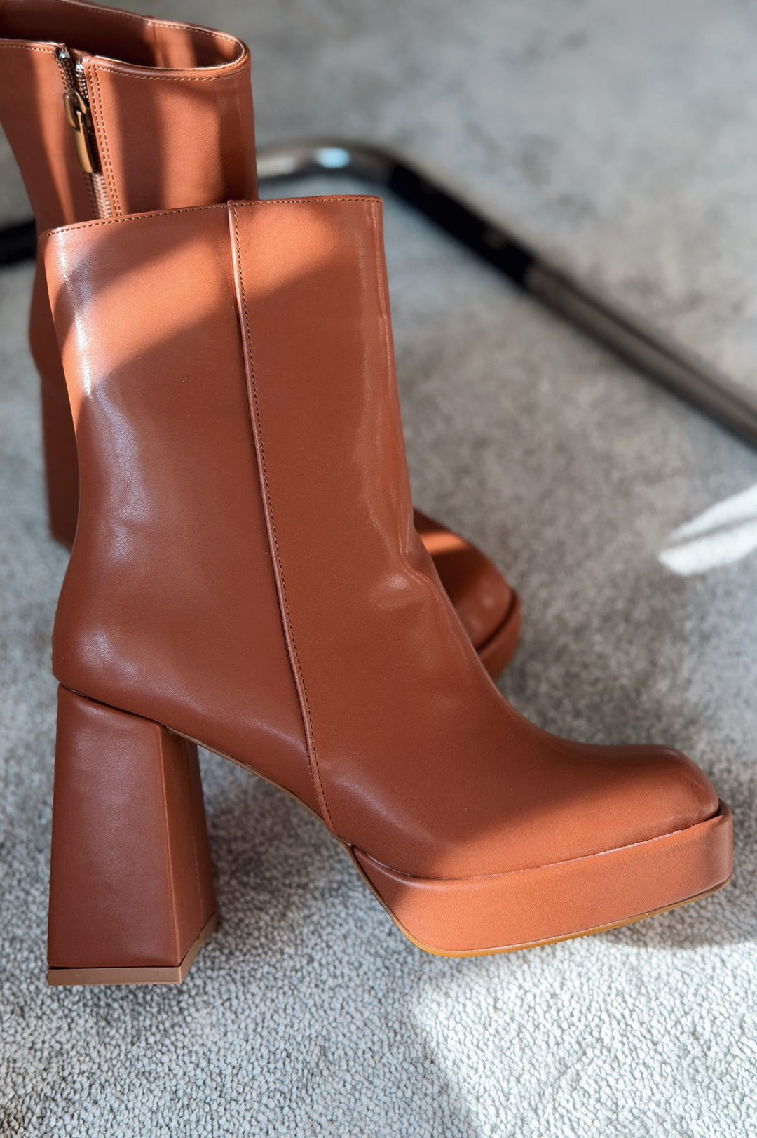 Rivoks Mat Deri Platform Topuklu Bot Taba - ILOVESHOES