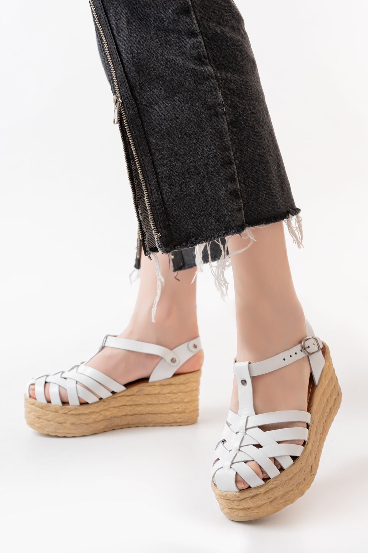 Lorane Hakiki Deri Beyaz Dolgu Topuklu Kadın Sandalet - ILOVESHOES
