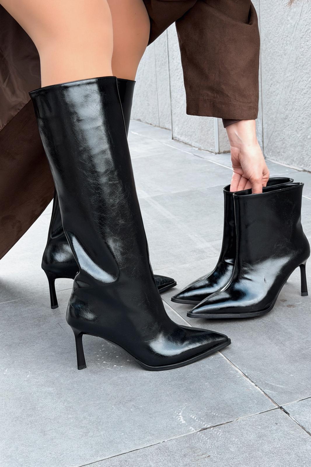 Elarin Kadın Topuklu Bot Siyah Mat Deri - ILOVESHOES