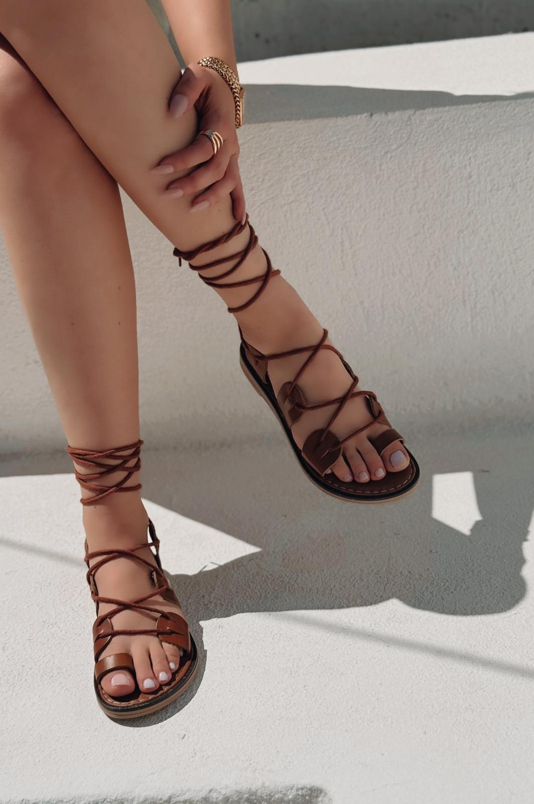 Aliris Hakiki Deri Taba Bağcıklı Düz Kadın Sandalet - ILOVESHOES