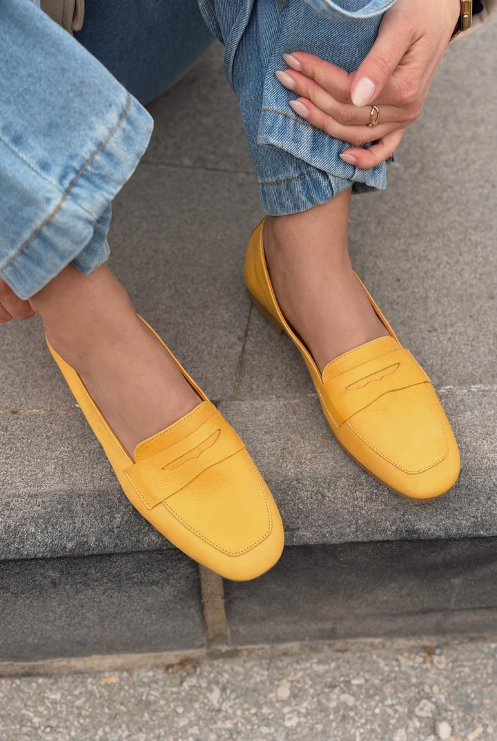 Melniel Hakiki Deri Kadın Loafer Sarı - ILOVESHOES