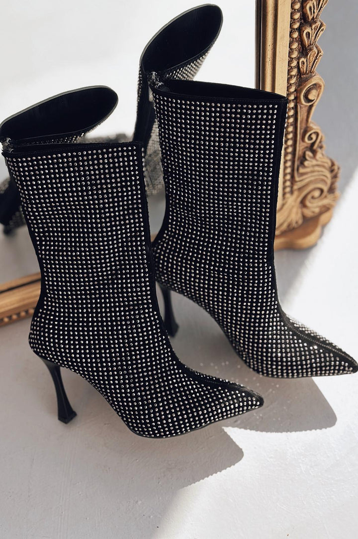 Simley Topuklu Kadın Çizme Siyah Süet Gri Taşlı - ILOVESHOES