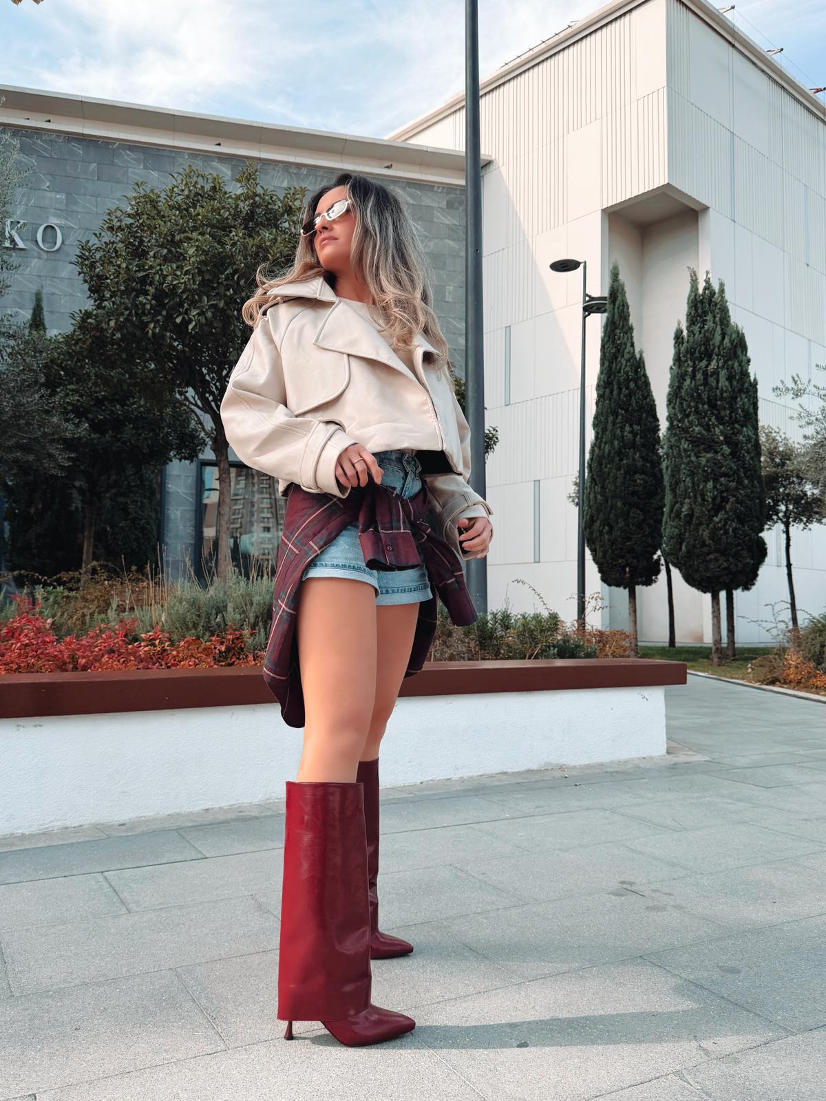Lencie Kadın Topuklu Çizme Bordo Kırışık Rugan - ILOVESHOES