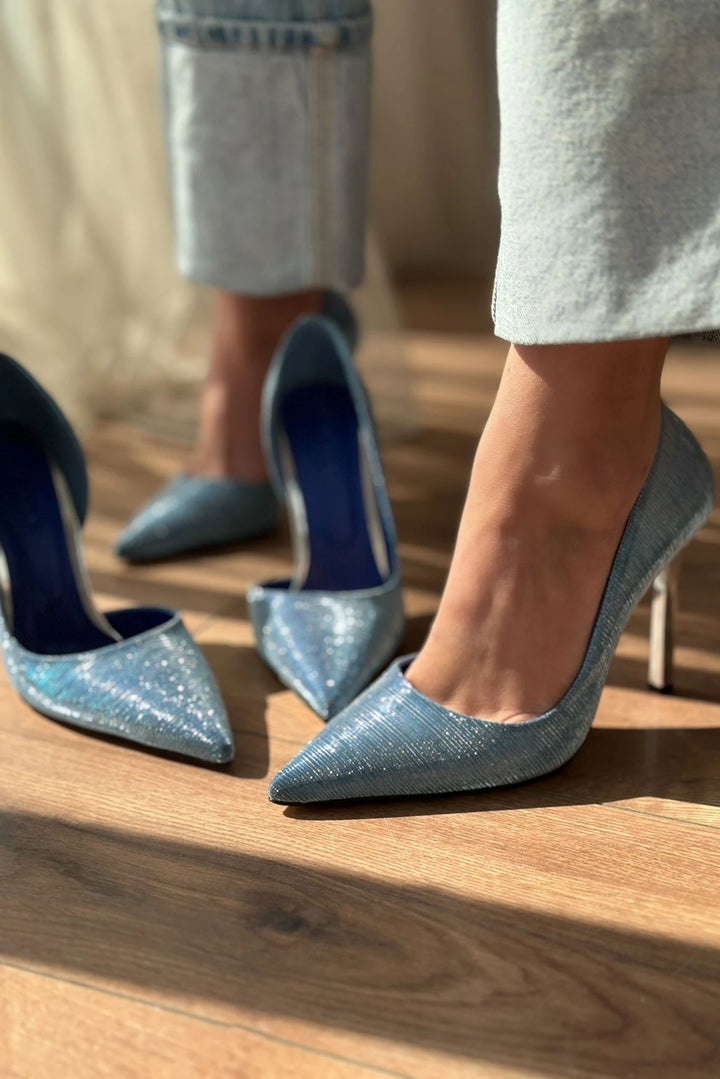 Polfes Parlak Deri Topuk Detaylı Stiletto Mavi