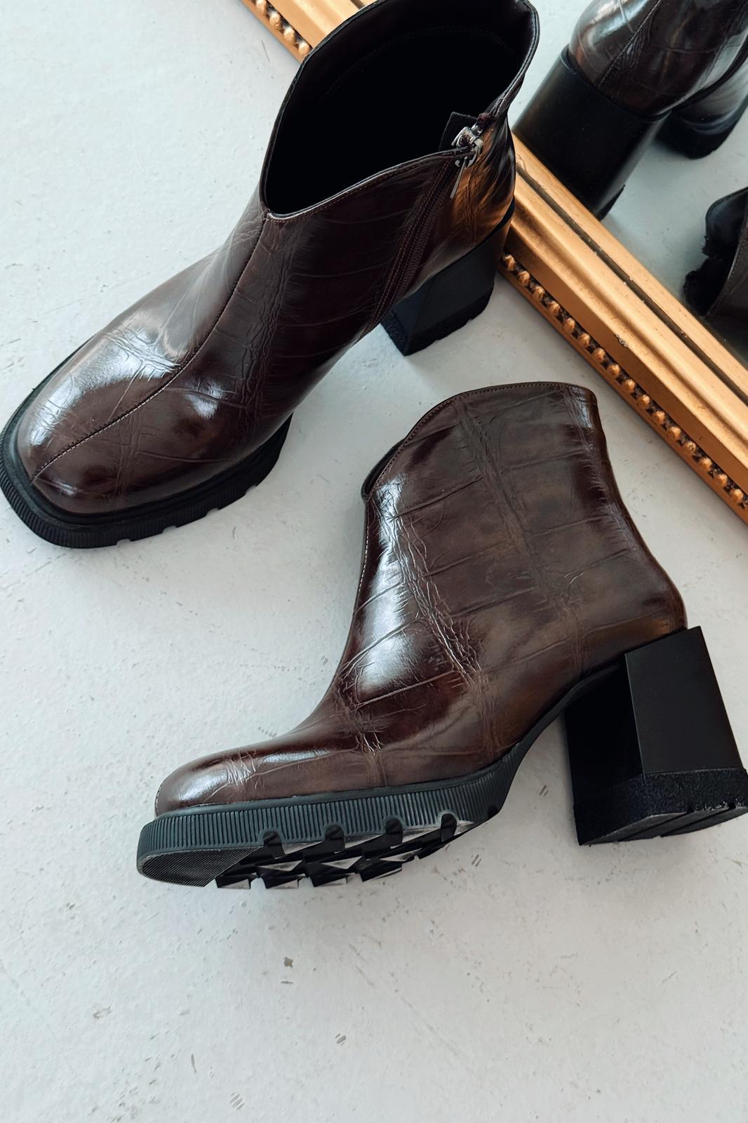 Rancel Kadın Topuklu Bot Acıkahve Parlak Deri - ILOVESHOES