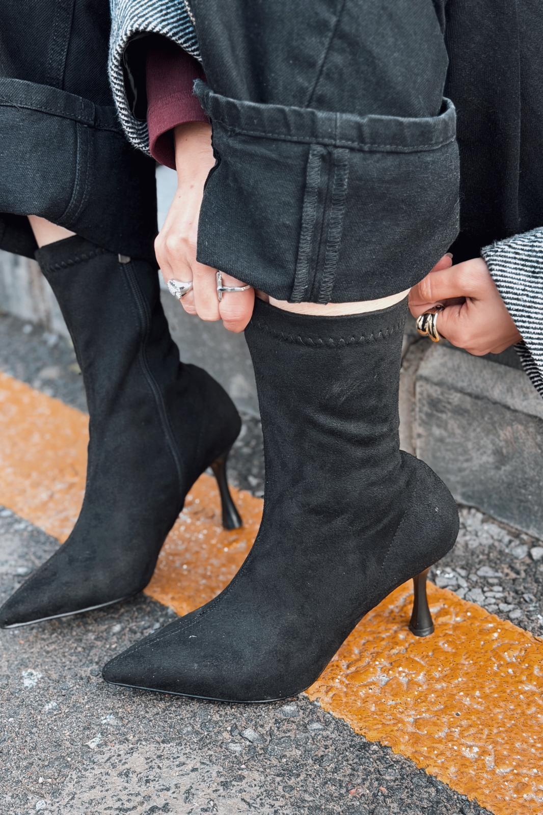 Osenia Kadın Topuklu Streç Bot Siyah Süet - ILOVESHOES