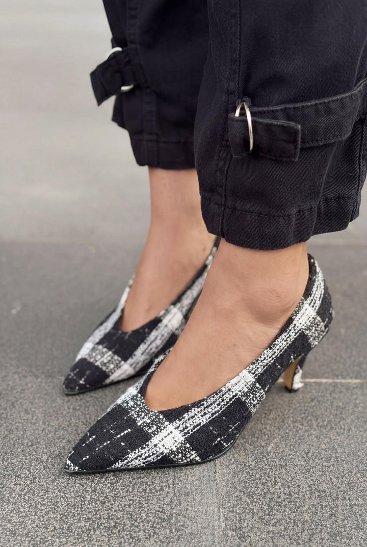 Kairo Stiletto Siyah Tüvit Kumaş Ekoseli - ILOVESHOES