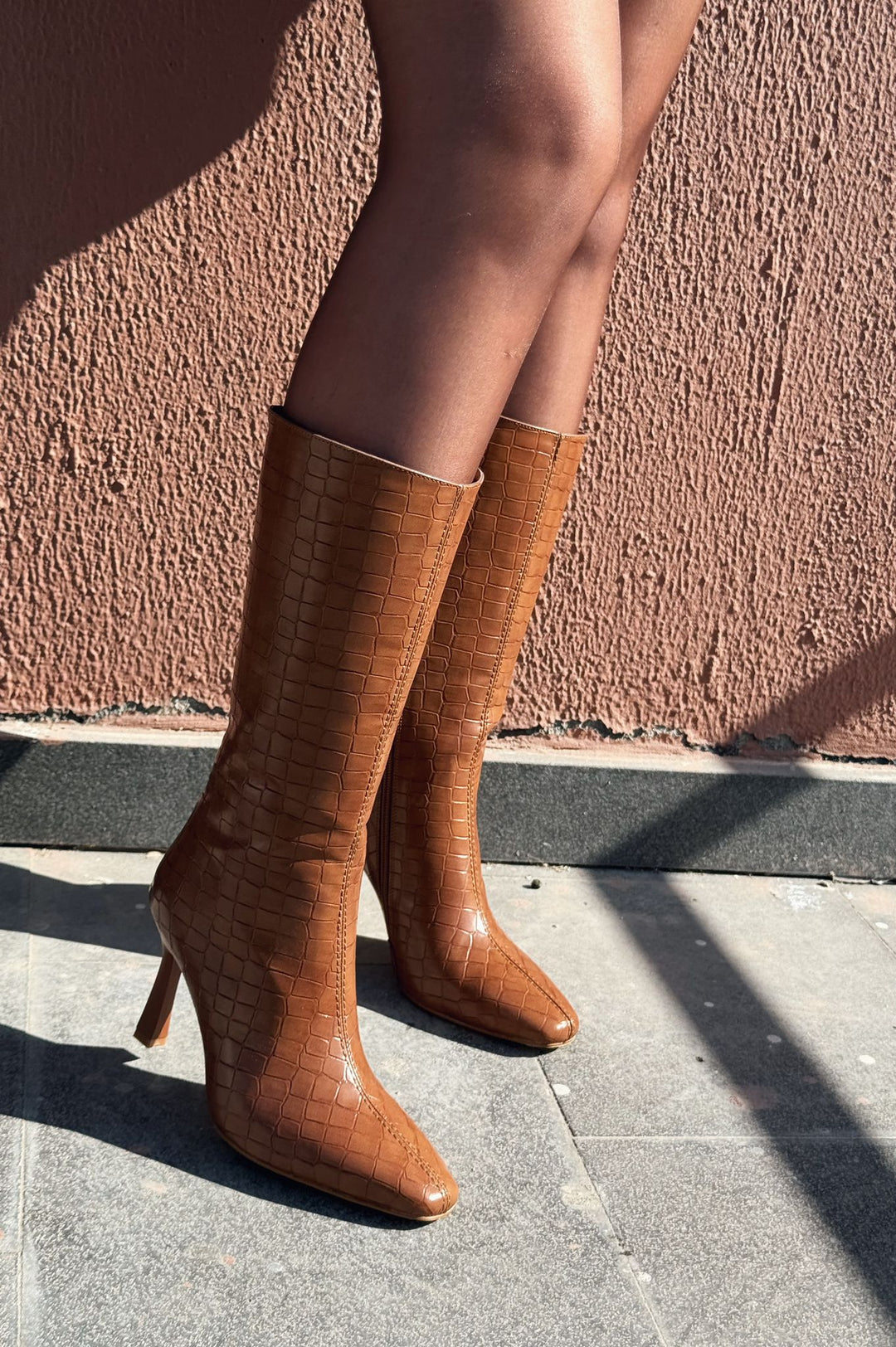 Jorani Matte Leather Patterned Tan High Heel Boots
