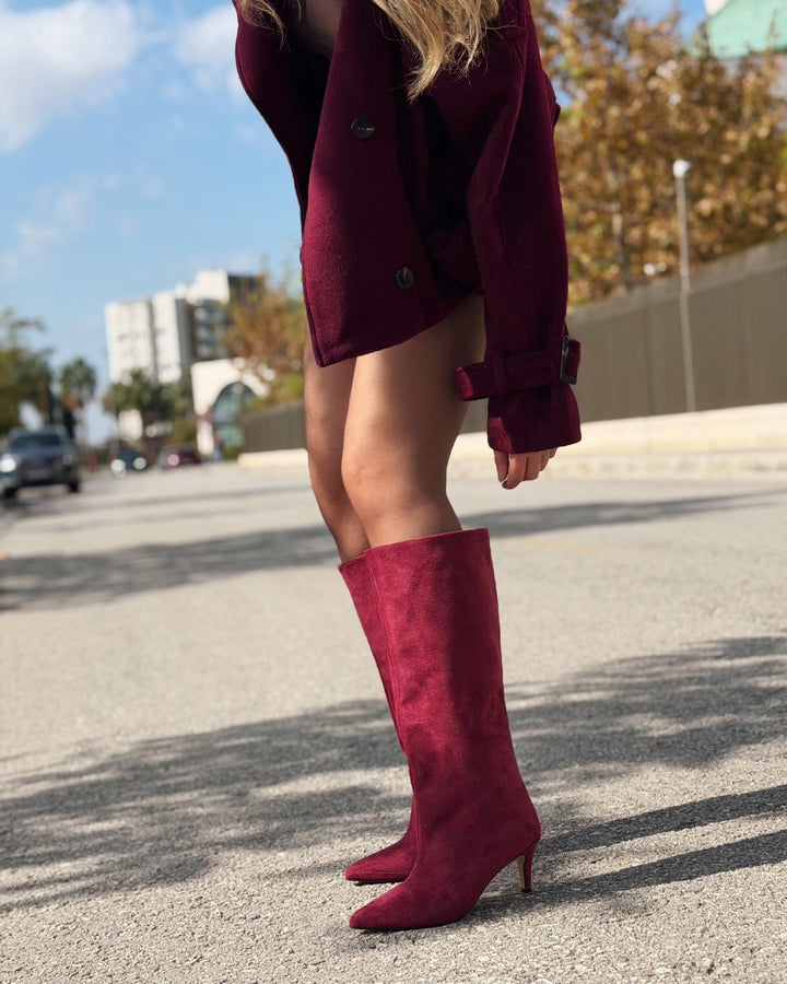 Gwen Kadın Topuklu Çizme Bordo Süet - ILOVESHOES