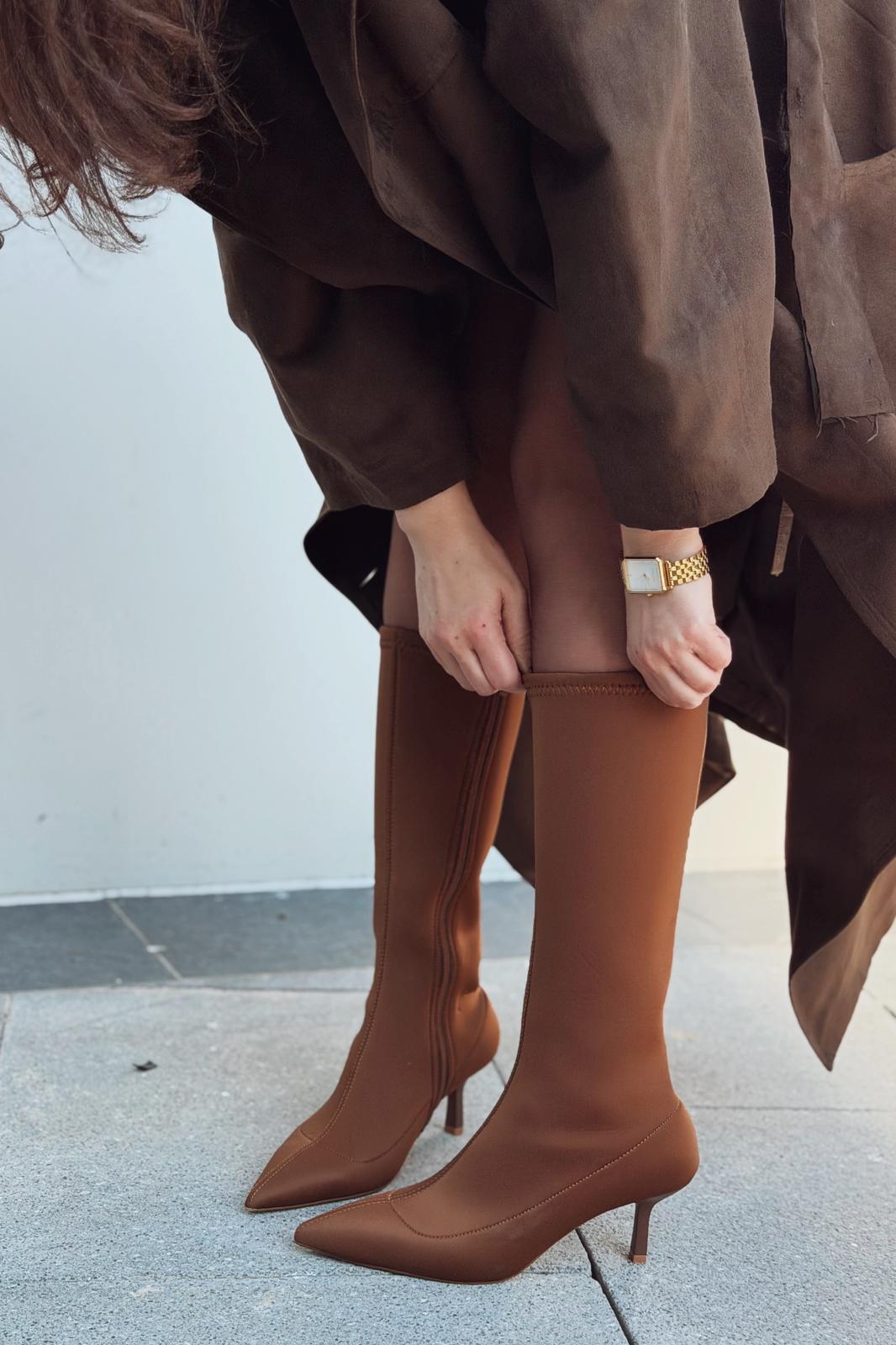 Ralve Kadın Topuklu Streç Çizme Taba Dalgıç Kumaş - ILOVESHOES