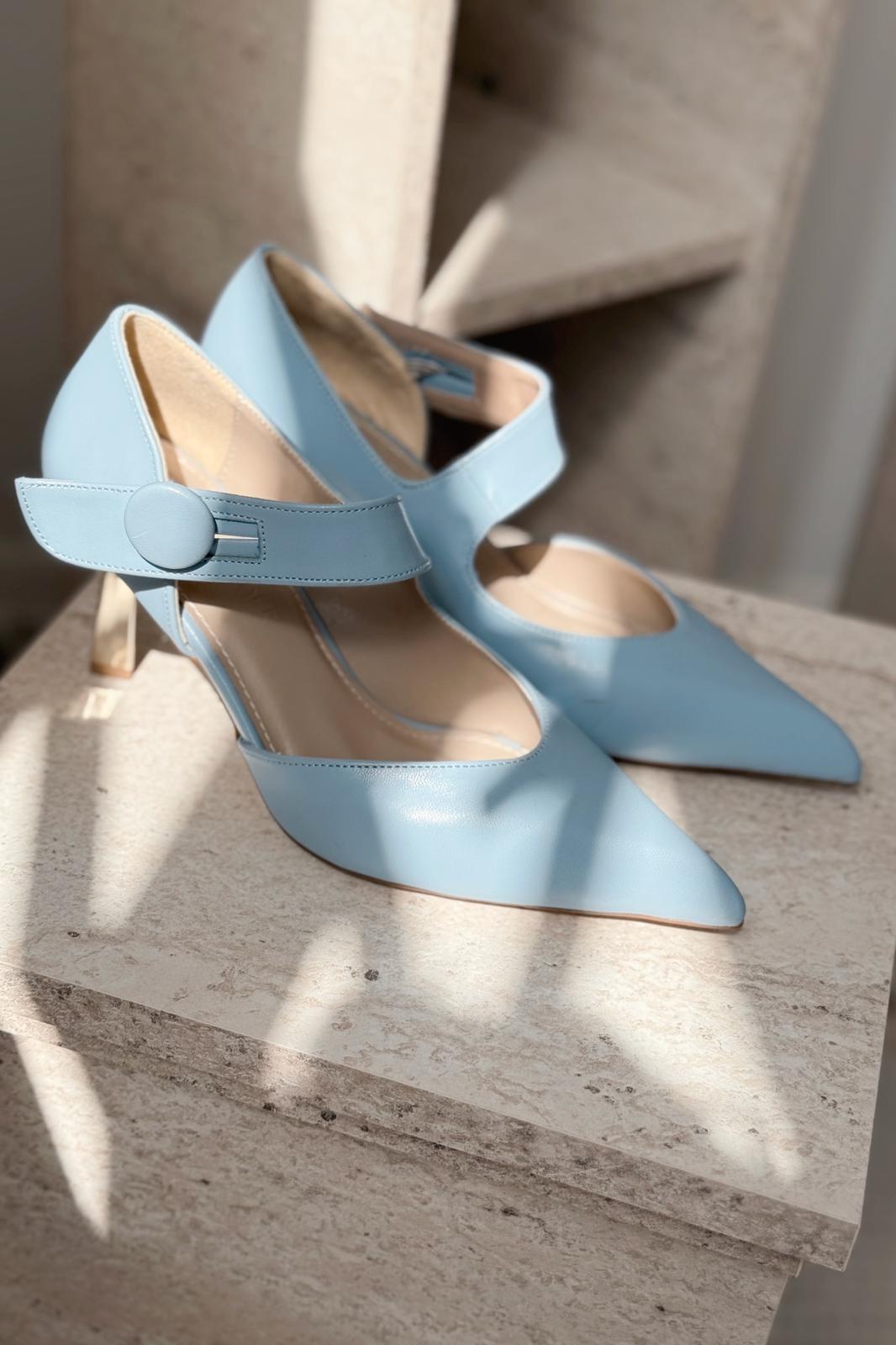 Wasord Mat Deri Düğme Detaylı Stiletto Bebekmavisi - ILOVESHOES