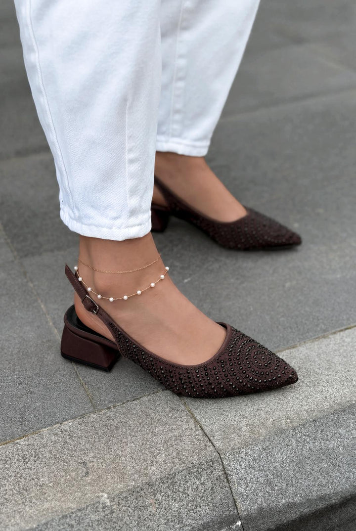 Dunes Topuklu Ayakkabı Acıkahve Saten Siyah Taşlı - ILOVESHOES