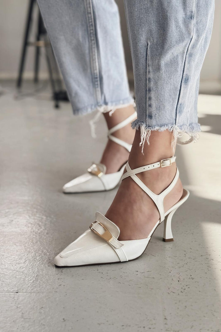 Vorno Parlak Deri Toka Detaylı Beyaz Stiletto - ILOVESHOES