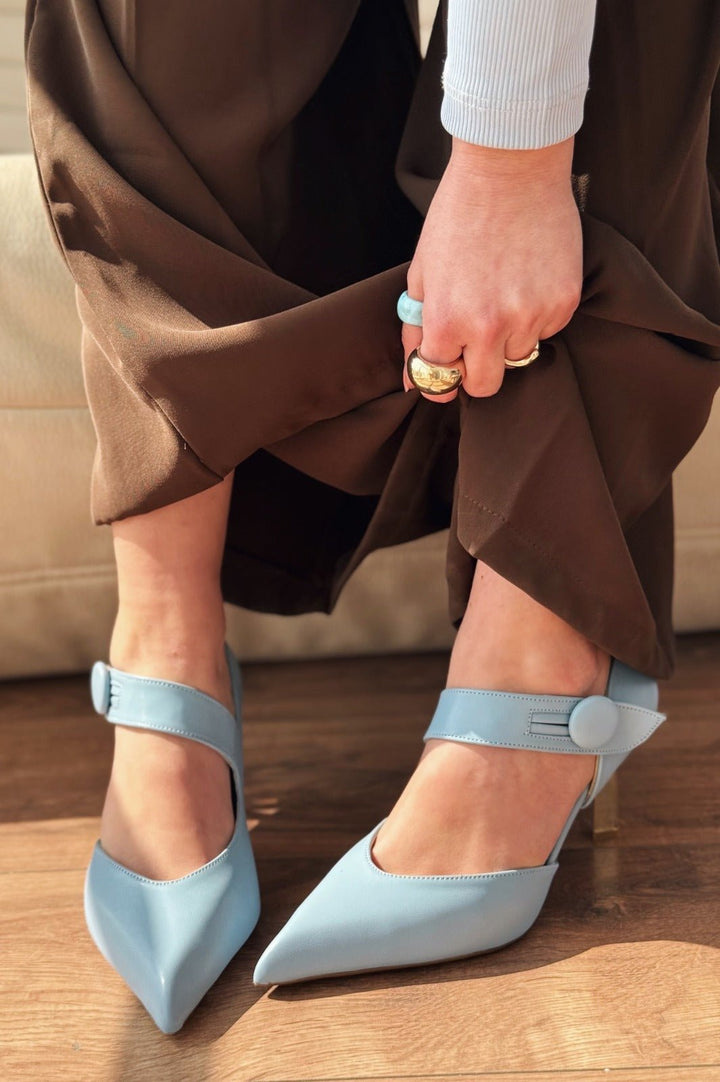 Wasord Mat Deri Düğme Detaylı Stiletto Mavi - ILOVESHOES