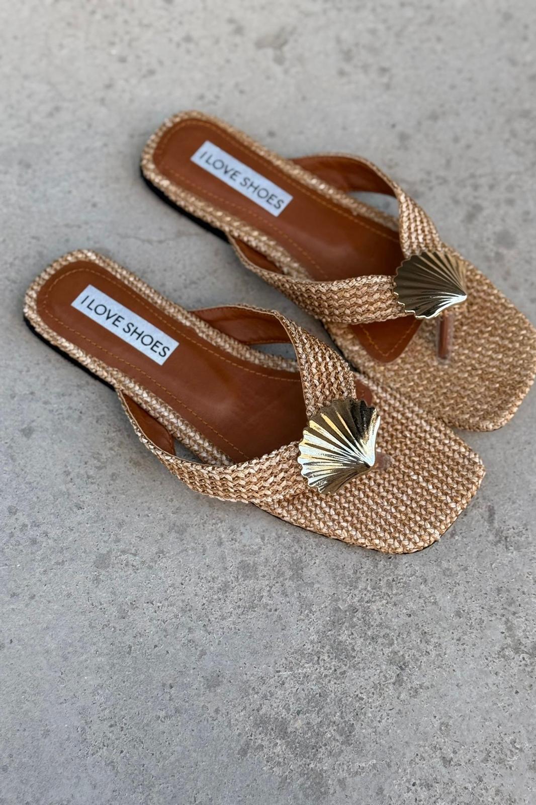 Lovante Hasır Bej Parmak Arası Düz Terlik - ILOVESHOES