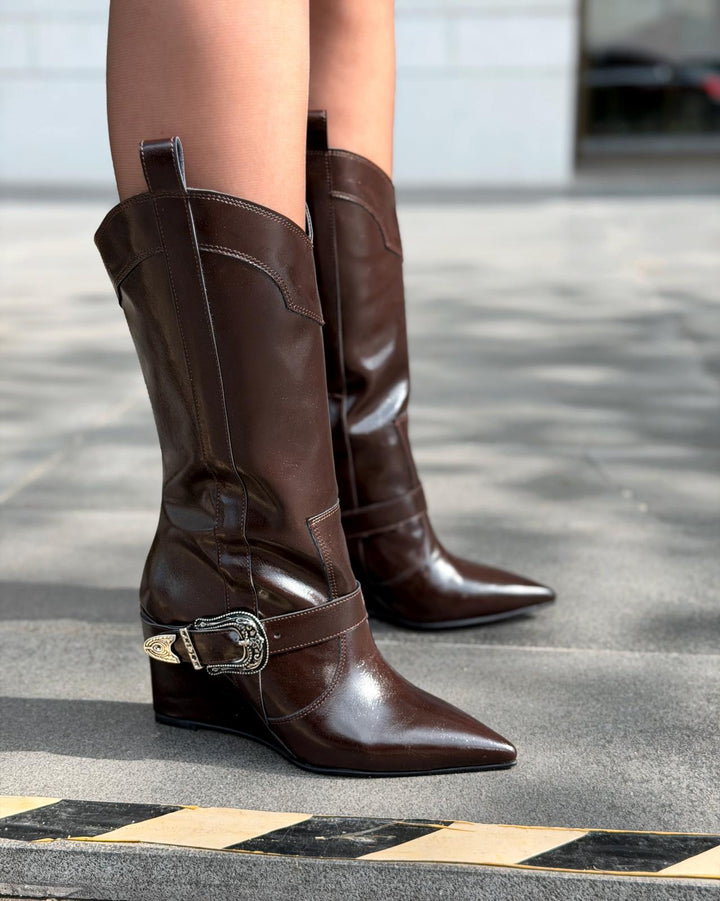 Bonvir Kadın Kovboy Çizme Acıkahve Parlak Deri - ILOVESHOES