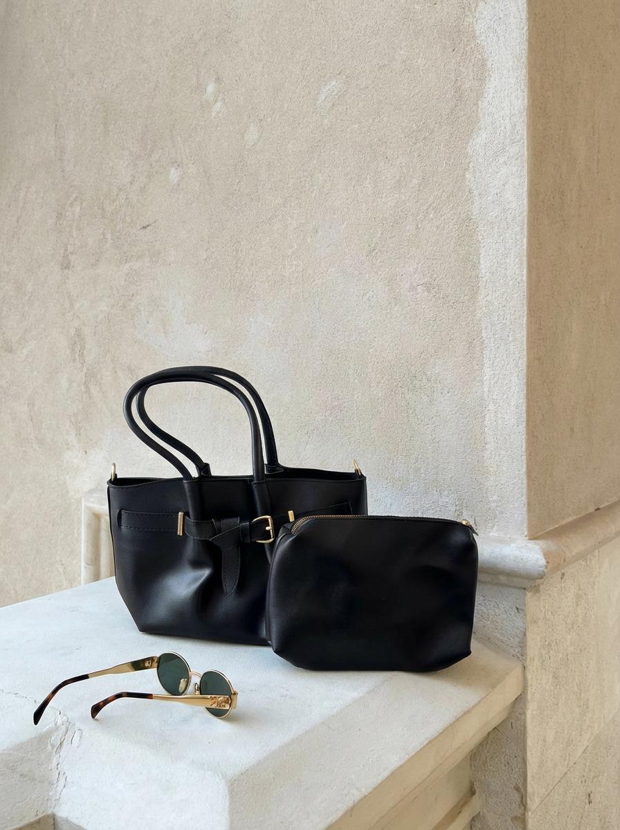 Avenor Omuz Çantası Siyah Mat Deri Makyaj Çantalı - ILOVESHOES