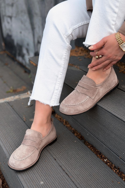 Marion Kadın Loafer Vizon Hakiki Süet - ILOVESHOES