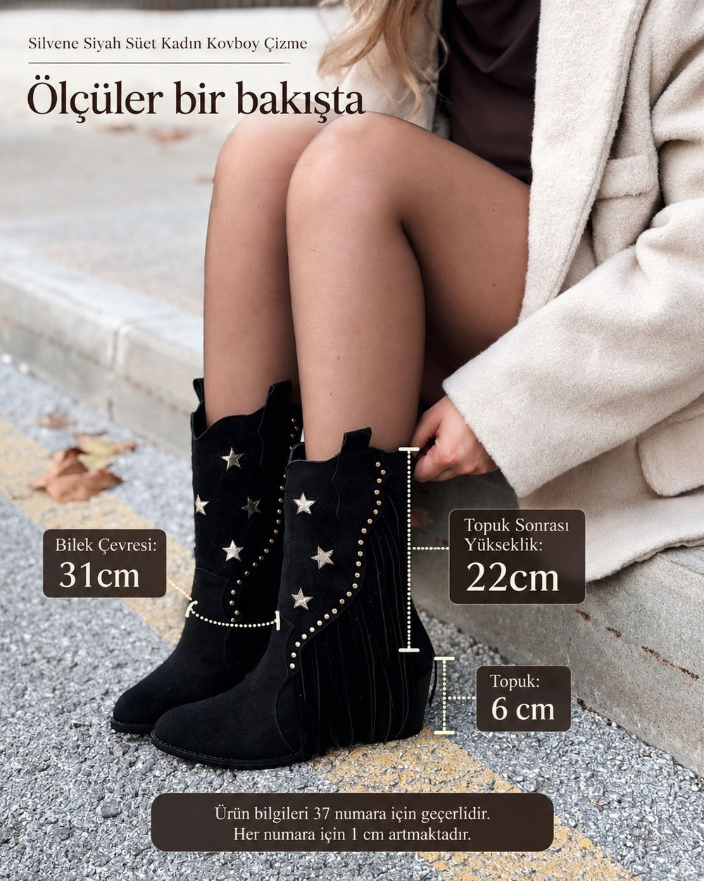 Silvene Siyah Süet Kadın Kovboy Çizme - ILOVESHOES