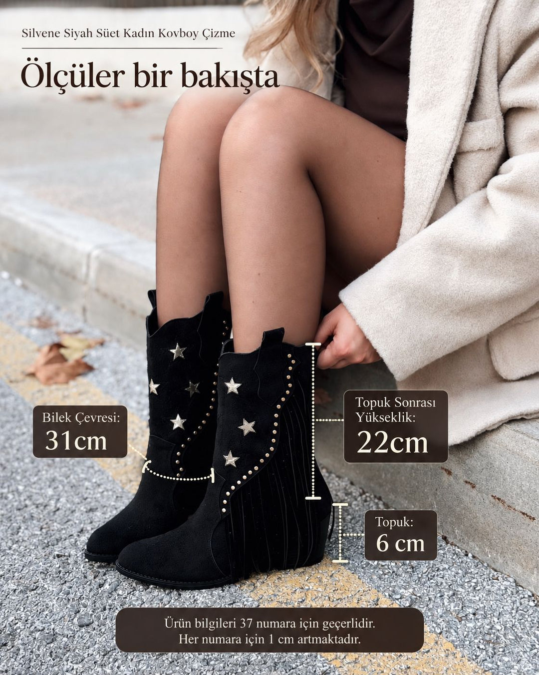 Silvene Siyah Süet Kadın Kovboy Çizme - ILOVESHOES