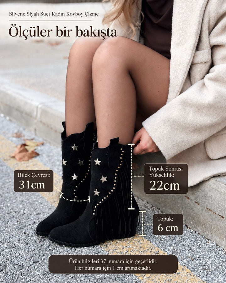 Silvene Siyah Süet Kadın Kovboy Çizme - ILOVESHOES