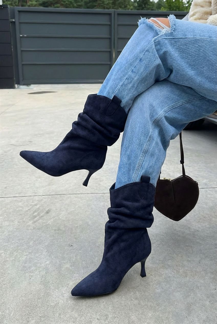 Veluxe Kadın Topuklu Bot Lacivert Süet - ILOVESHOES