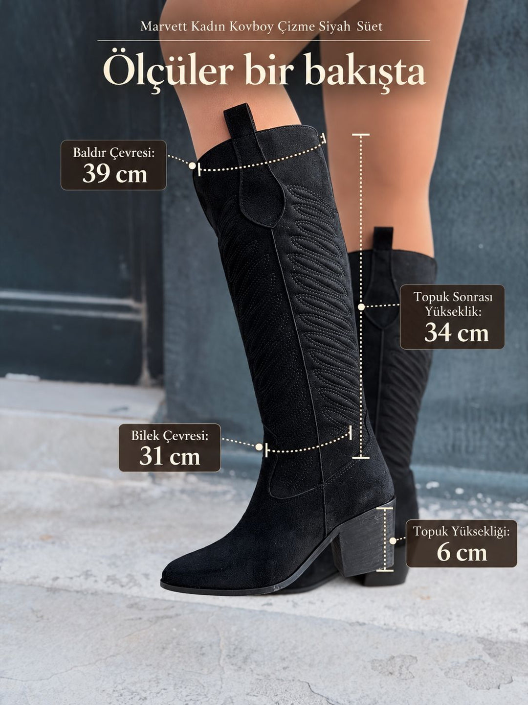 Marvett Kadın Kovboy Çizme Siyah Süet - ILOVESHOES