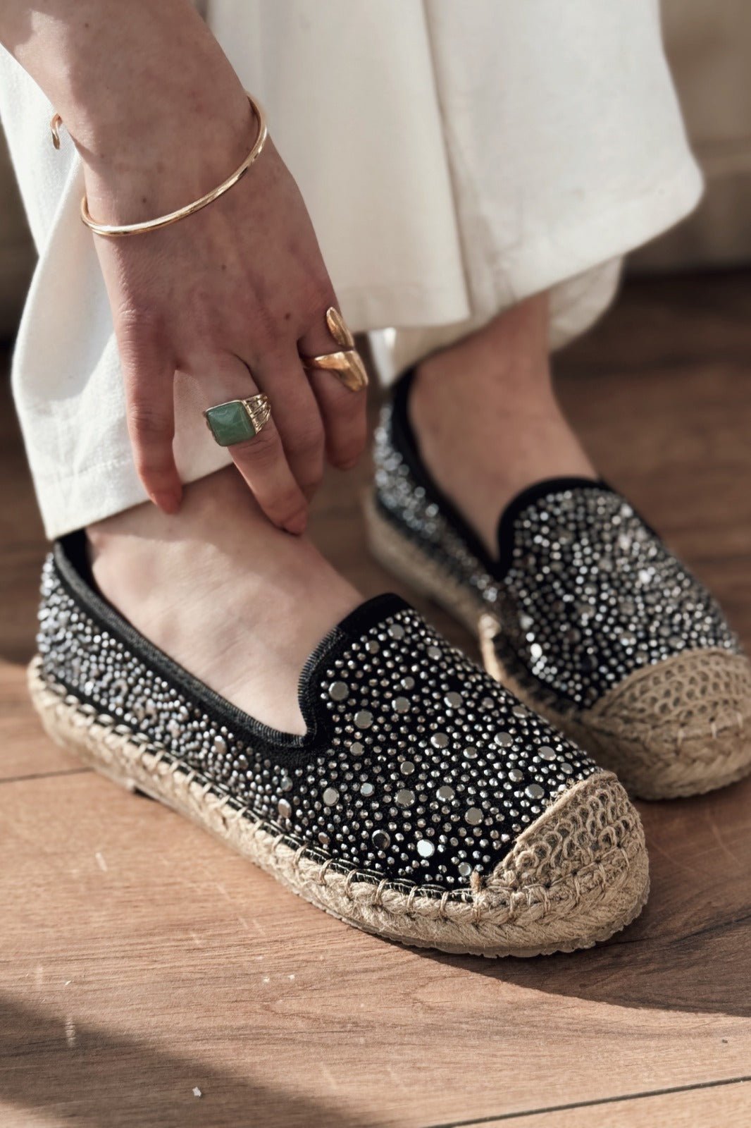 Jorelis Süet Parlak Taş Detaylı Espadril Loafer Siyah - ILOVESHOES