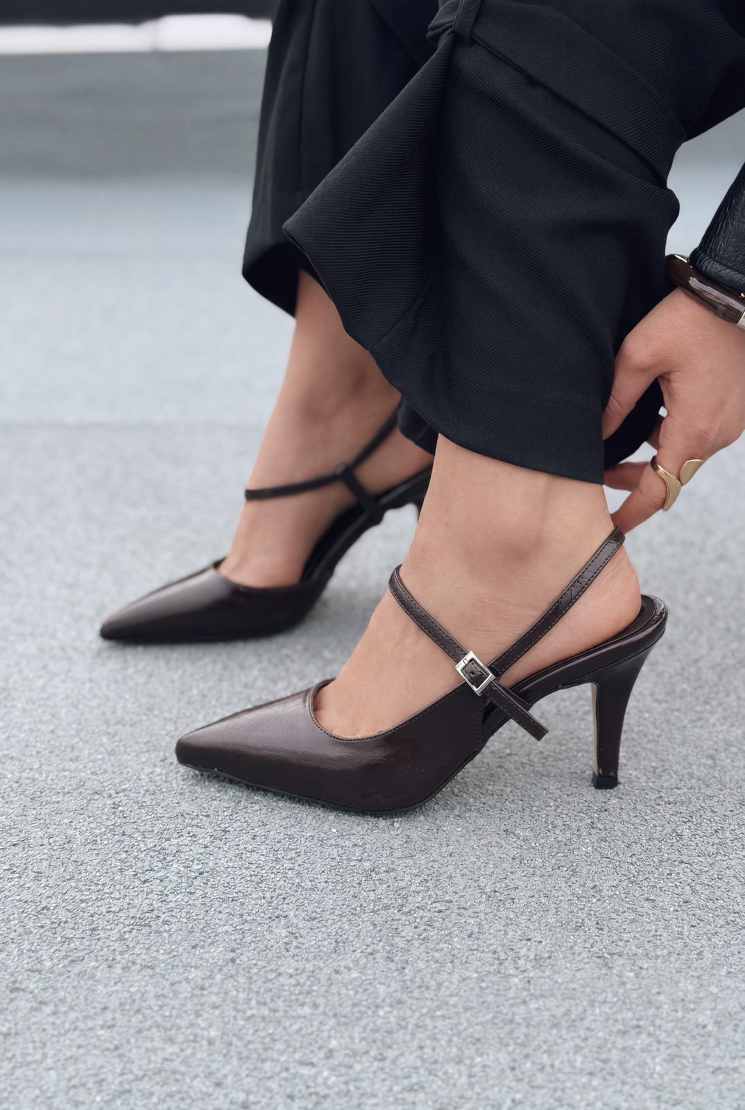 Lorent Acıkahve Kırışık Deri Kadın Stiletto - ILOVESHOES