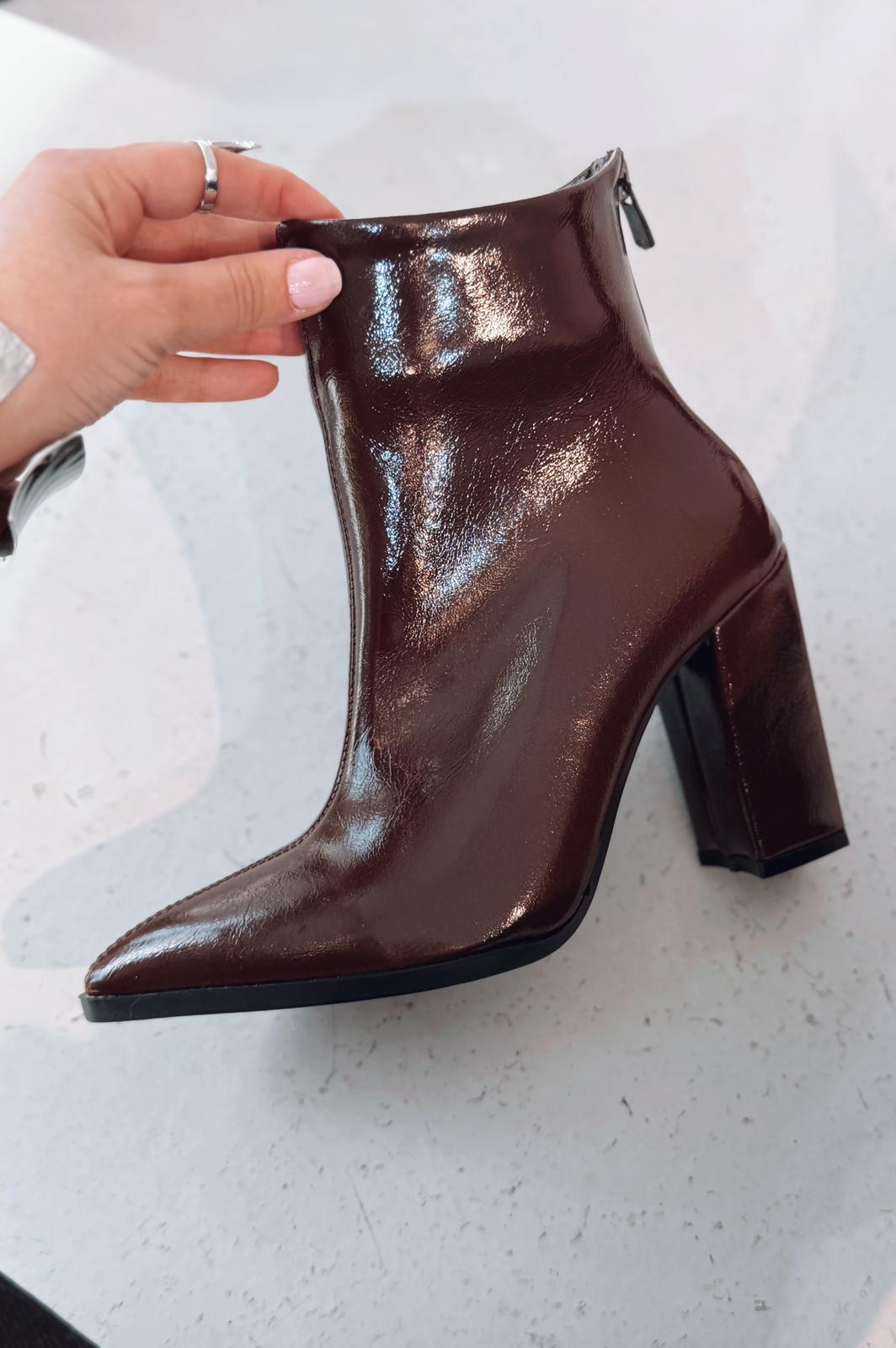 Miren Kadın Topuklu Bot Acıkahve Parlak Deri - ILOVESHOES