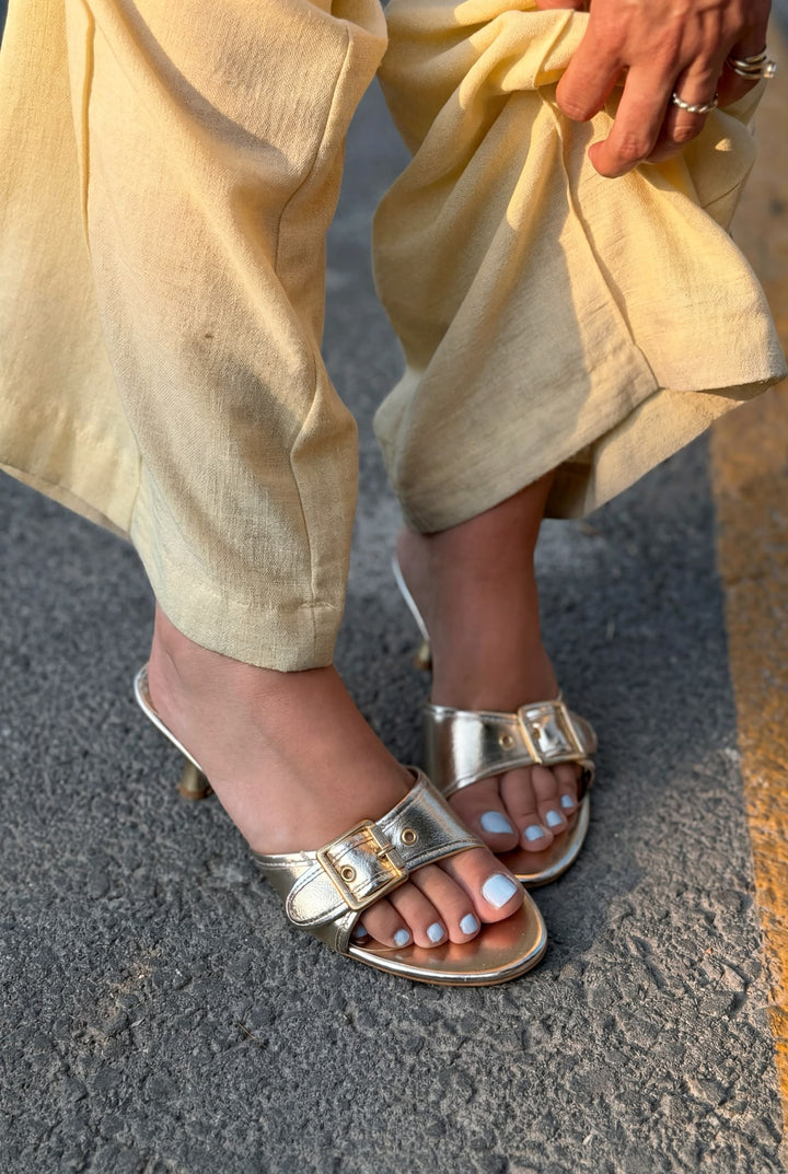 Lerona Gold Perlak Deri Kadın Topuklu Terlik - ILOVESHOES