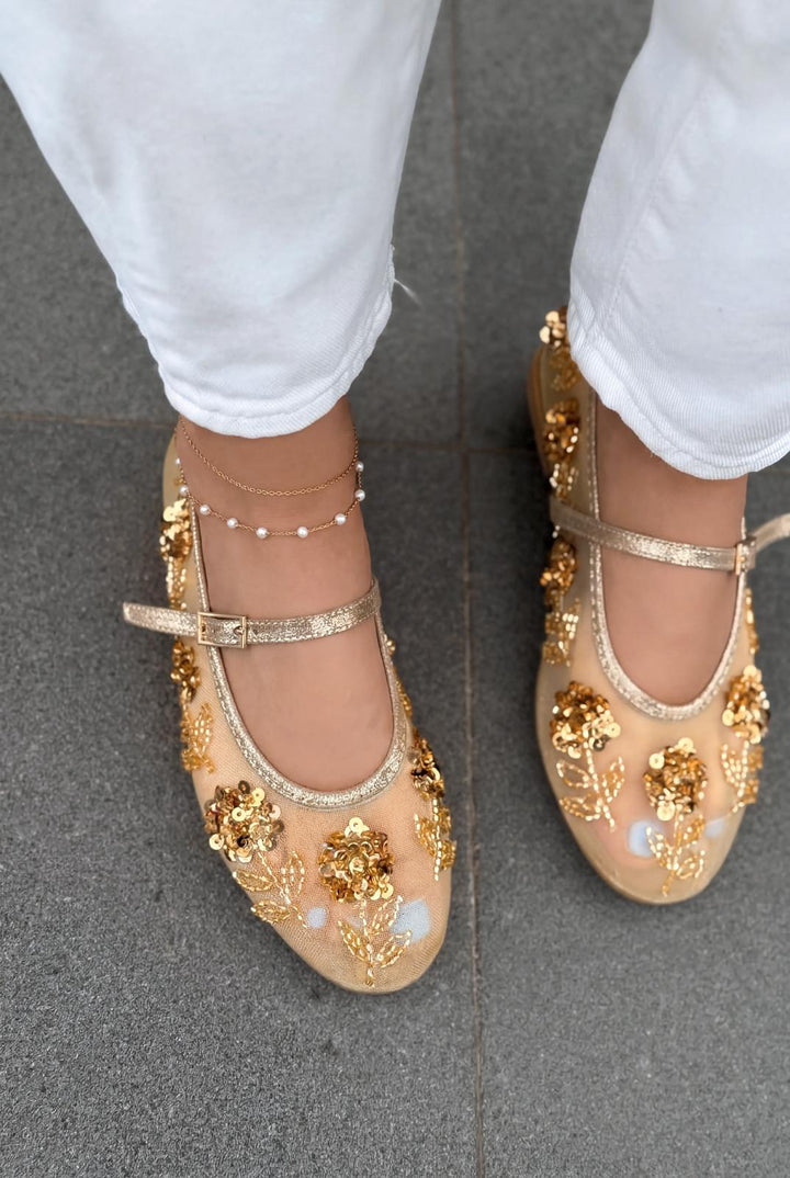 Telora Kadın Babet Gold Nakışlı - ILOVESHOES